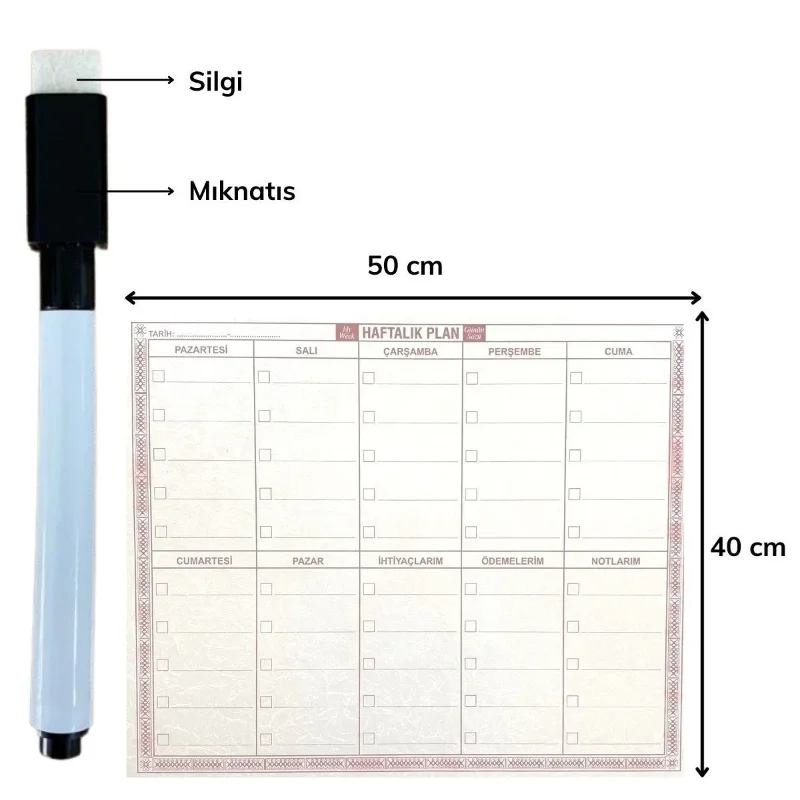 Pratik Kullanım İçin Şeffaf Yapışkanlı Haftalık Planlayıcı 40 cm-50 cm