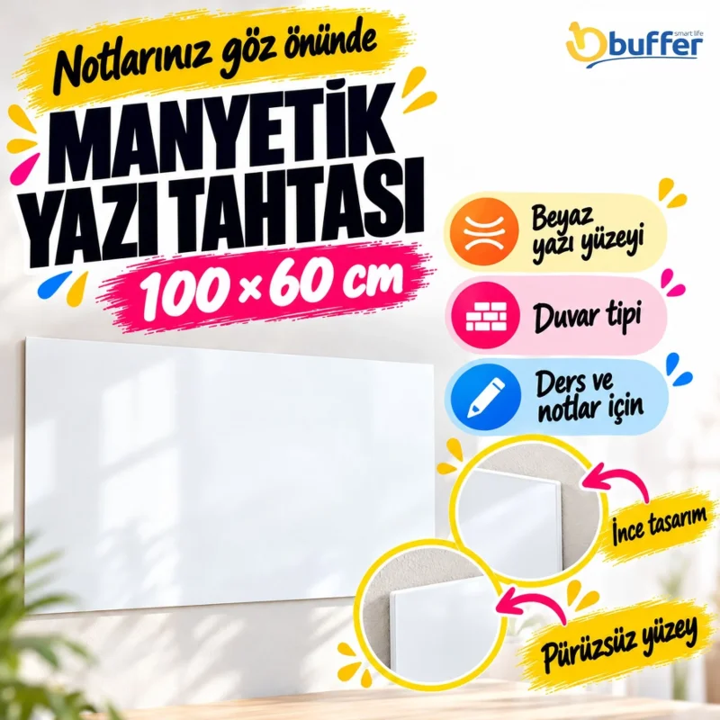 Ergonomik Manyetik Duvar Yazı Tahtası 100 x 60 cm Çalışma Alanı