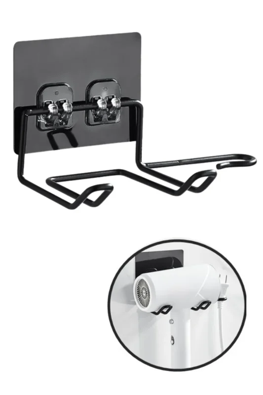Ergonomik Yapışkanlı Siyah Fön Makinesi Tutucu Askı
