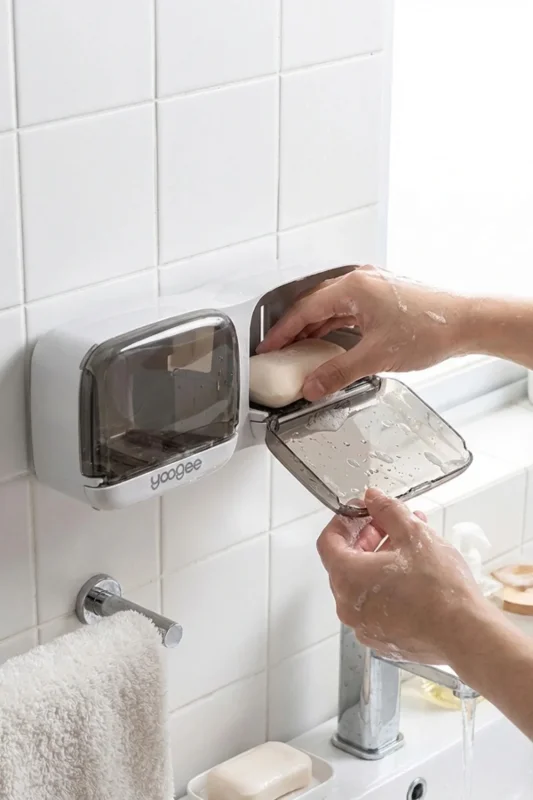 Ergonomik Yapışkanlı İkili Kapaklı Sabunluk Organizeri - Banyo ve Mutfak İçin