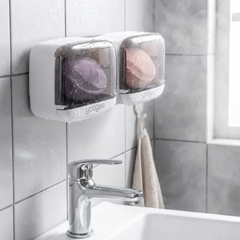 Ergonomik Yapışkanlı İkili Kapaklı Sabunluk Organizeri - Banyo ve Mutfak İçin