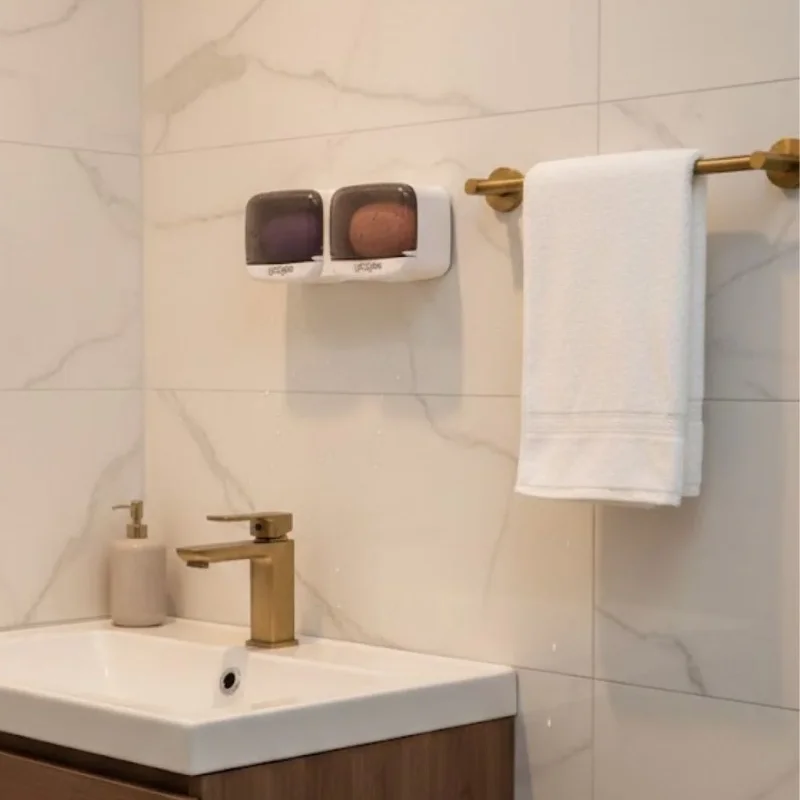Ergonomik Yapışkanlı İkili Kapaklı Sabunluk Organizeri - Banyo ve Mutfak İçin