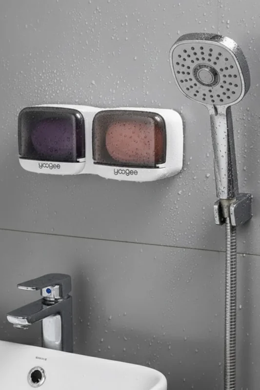 Ergonomik Yapışkanlı İkili Kapaklı Sabunluk Organizeri - Banyo ve Mutfak İçin
