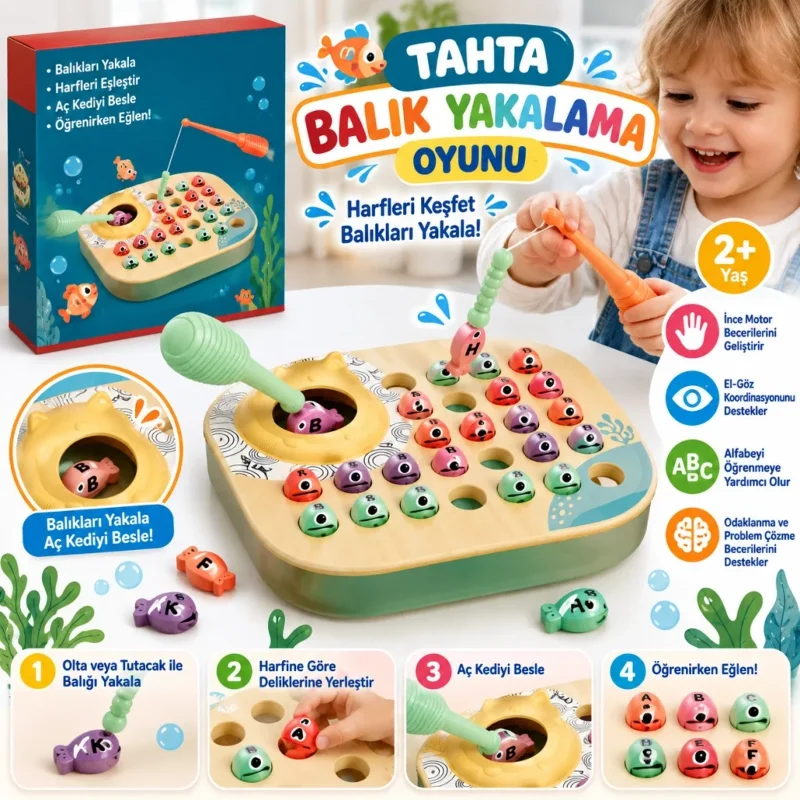 Eğlenceli Tahta Balık Yakalama Oyunu 1 Adet