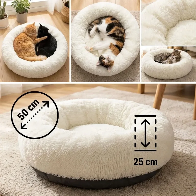 Ergonomik Yuvarlak Kaymaz Taban Peluş Pet Yatağı Krem Renk