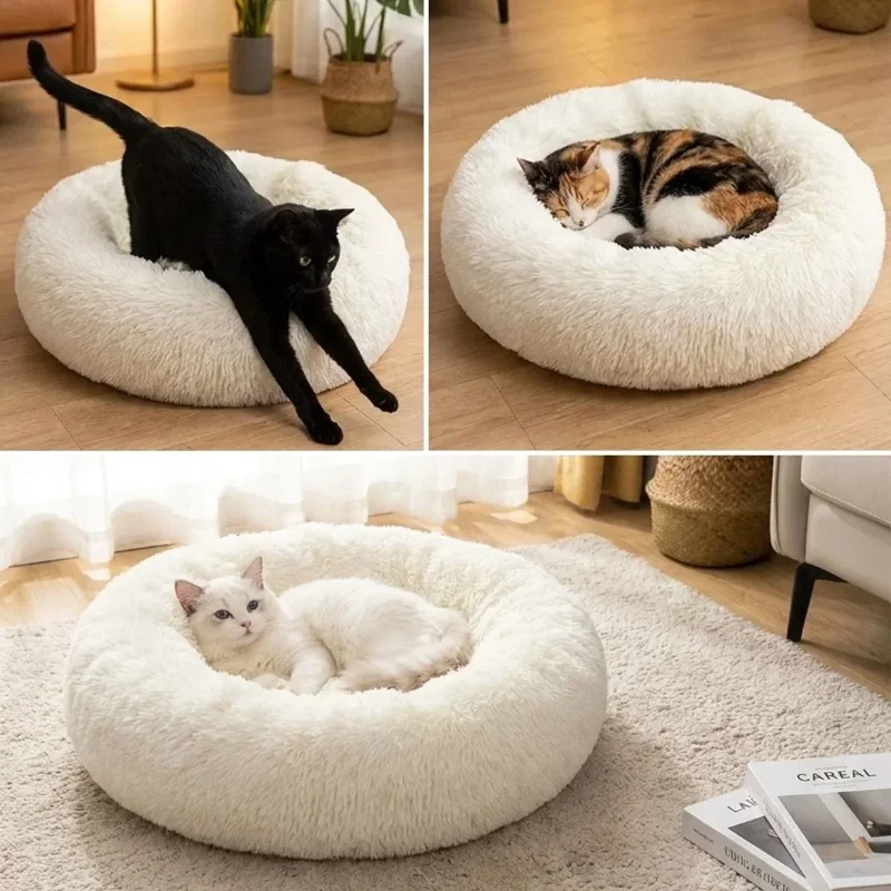Ergonomik Yuvarlak Kaymaz Taban Peluş Pet Yatağı Krem Renk