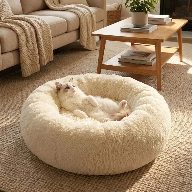 Ergonomik Yuvarlak Kaymaz Taban Peluş Pet Yatağı Krem Renk