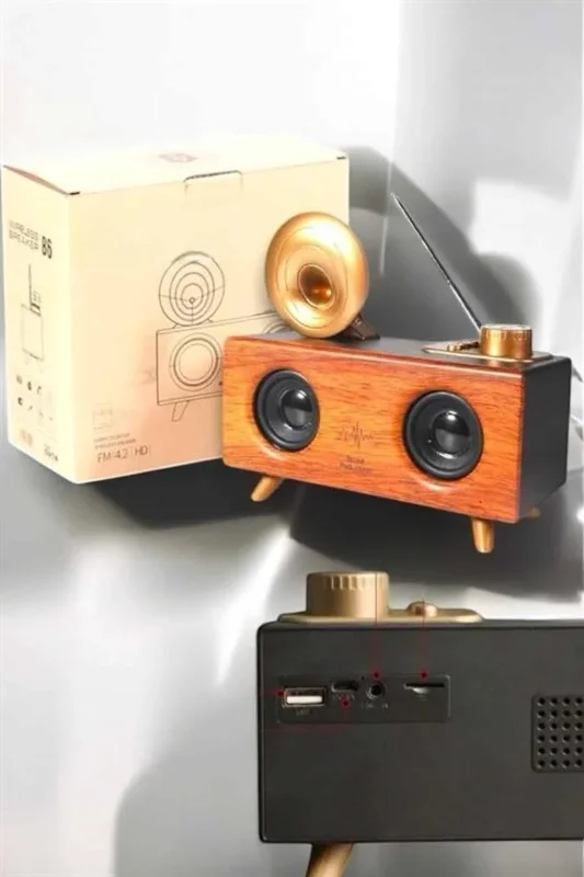 Retro Gramofon Bluetooth Hoparlör Ahşap 1800 Mah Kapasiteli