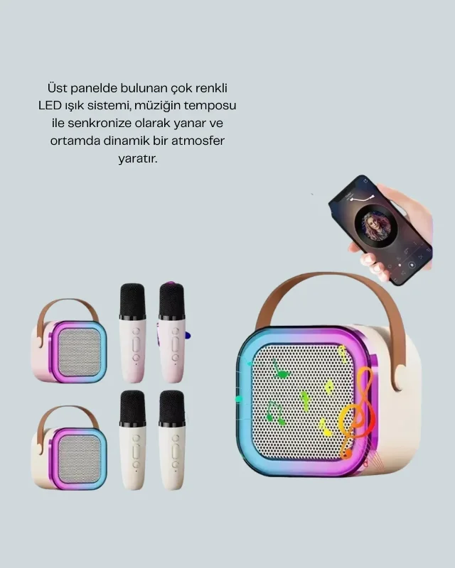 Karaoke Hoparlör Çift Mikrofonlu Led Işıklı 2400 Mah