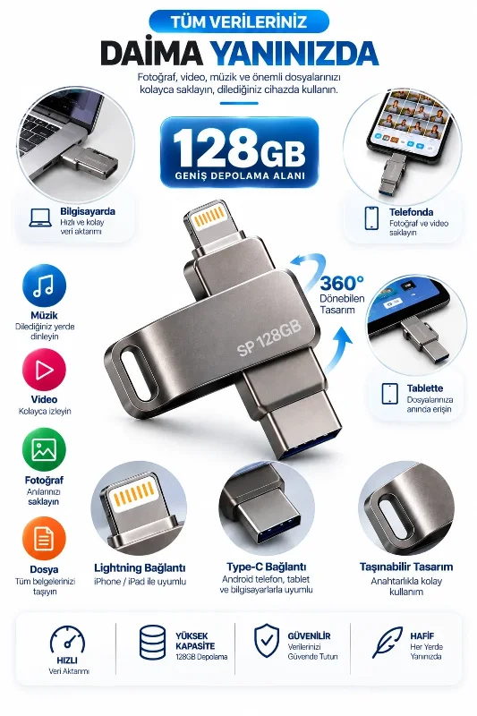 Pratik Çoklu Girişli 128gb Usb Flash Bellek