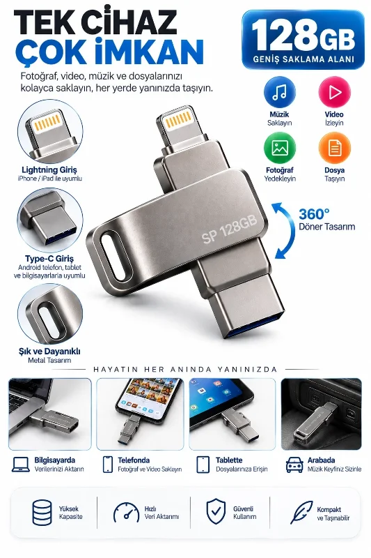 Pratik Çoklu Girişli 128gb Usb Flash Bellek