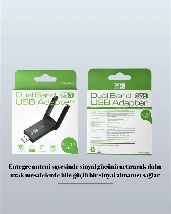 Yüksek Performanslı Çift Bant Wifi Adaptör 1200 Mbps