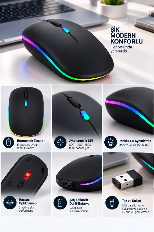 Ergonomik Kablosuz Şarjlı Mouse 1600 Dpı Sessiz Tıklama