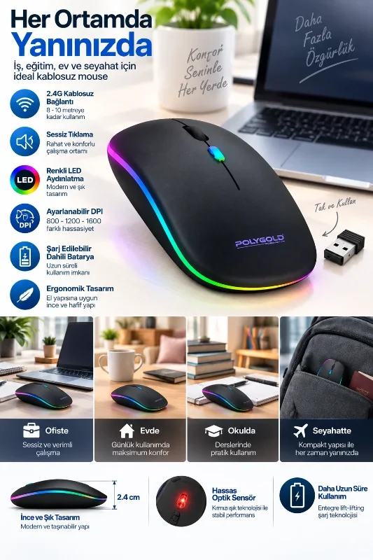 Ergonomik Kablosuz Şarjlı Mouse 1600 Dpı Sessiz Tıklama