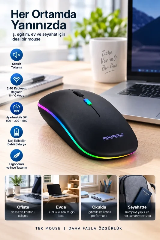 Ergonomik Kablosuz Led Mouse 2.4g Şarj Edilebilir 1600 Dpı