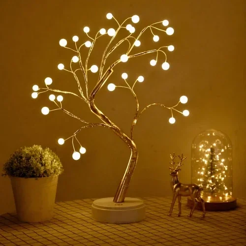 Dekoratif Işıklı Ağaç 36 Led İnci Tasarımlı Masa Üstü