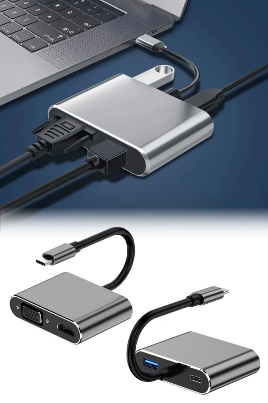Ultra Hızlı 4 Portlu Type-C Hub Adaptör - 4 K HDMI ve VGA Çıkışı