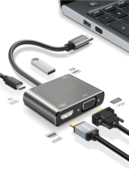 Ultra Hızlı 4 Portlu Type-C Hub Adaptör - 4 K HDMI ve VGA Çıkışı