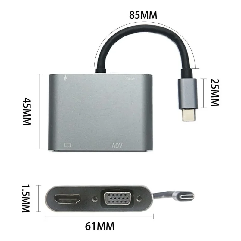 Ultra Hızlı 4 Portlu Type-C Hub Adaptör - 4 K HDMI ve VGA Çıkışı