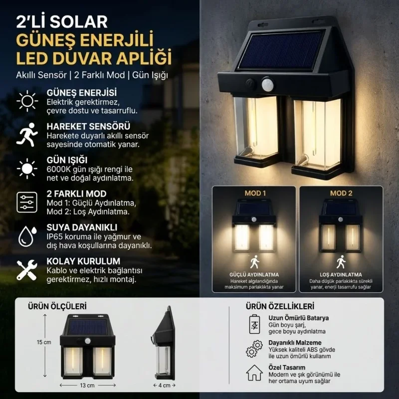 Hareket Sensörlü Kablosuz Güneş Enerjili LED Bahçe 2'li Set