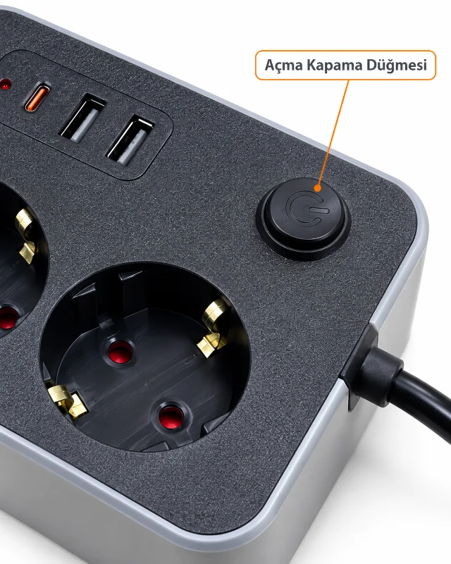Masaüstü Kullanıma Uygun Anahtarlı USB ve Type C Çıkışlı Termal Akım Korumalı Priz – 3. görsel