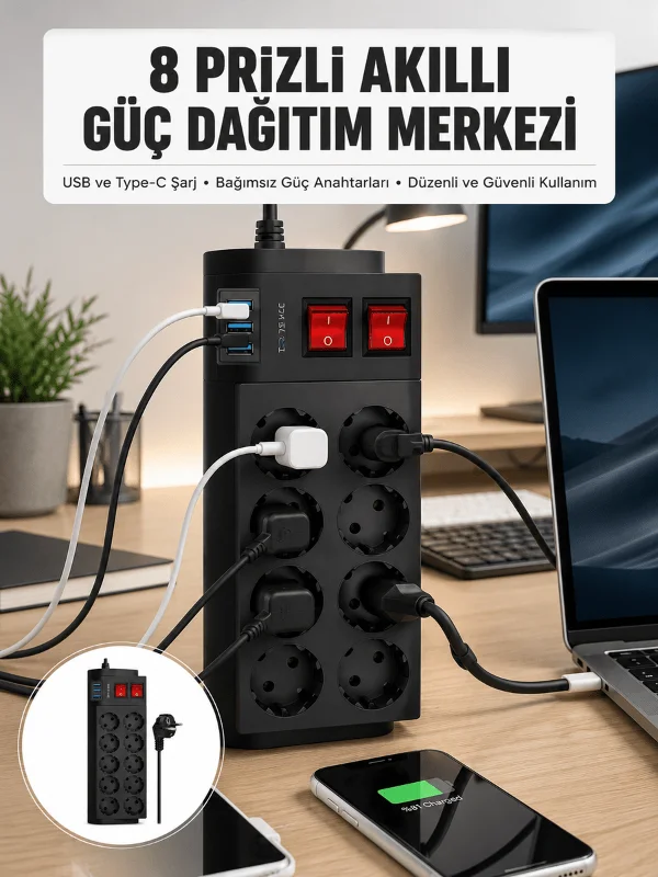 2 Metre Güçlü Çoklu Priz 8 Soket Yeni Nesil