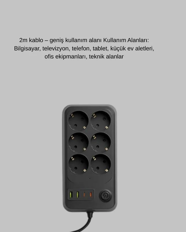 Termal Akım Korumalı 6’lı Uzatma Priz USB Type-C Hızlı Şarj 2500W – 4. görsel