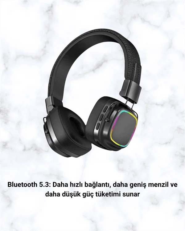 Bluetooth 5.3 Rainbow Işıklı Kulak Üstü Kablosuz Kulaklık