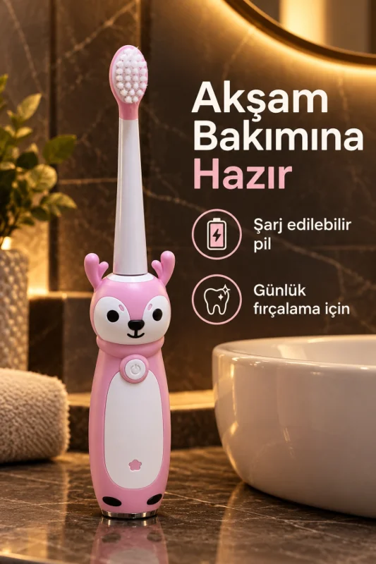 Çocuk Elektrikli Diş Fırçası Pembe Geyik Figürlü Şarjlı – 3. görsel