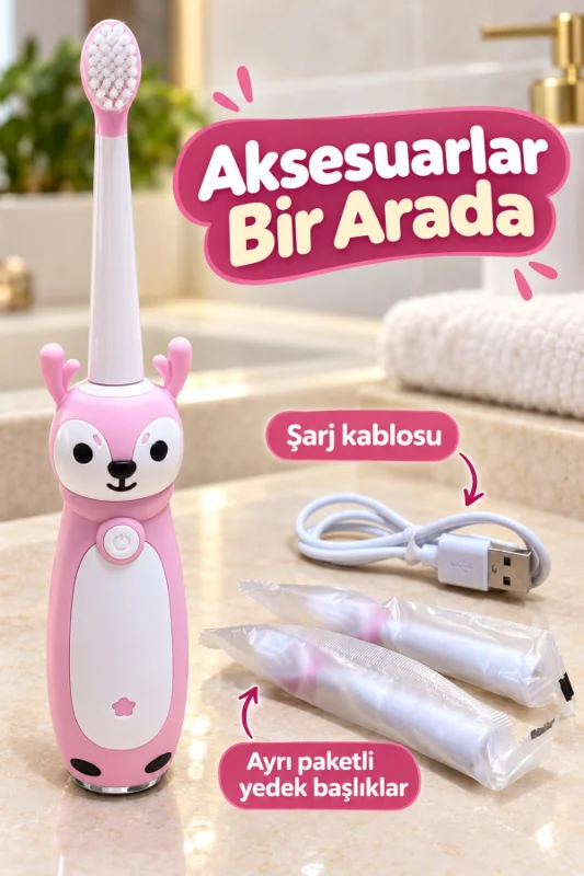 Çocuk Elektrikli Diş Fırçası Pembe Geyik Figürlü Şarjlı – 2. görsel