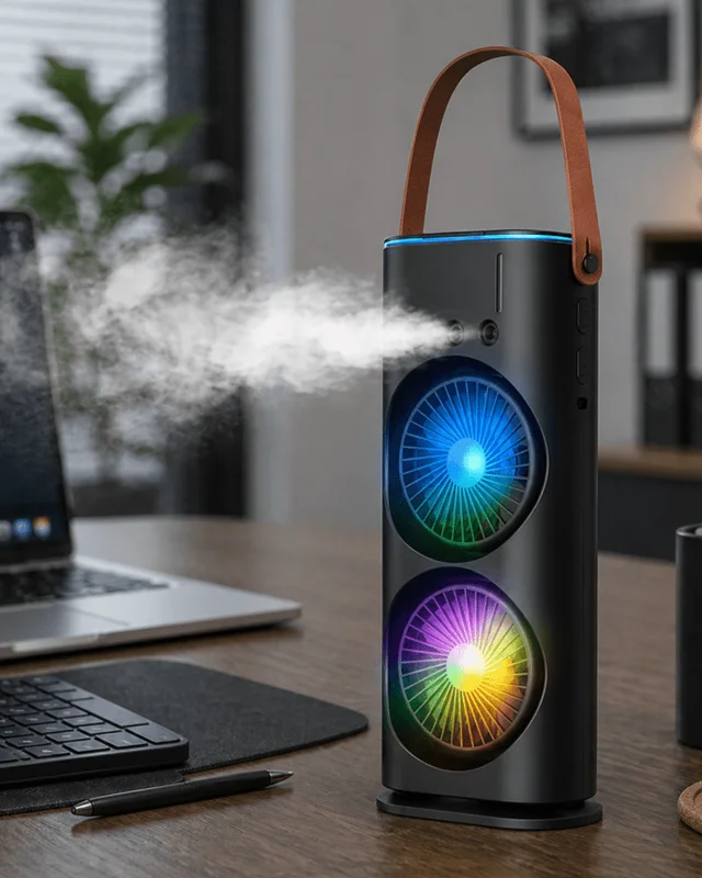 Çift Başlıklı Taşınabilir Fan RGB Işıklı Sprey Nemlendiricili Masaüstü Serinletici Fan