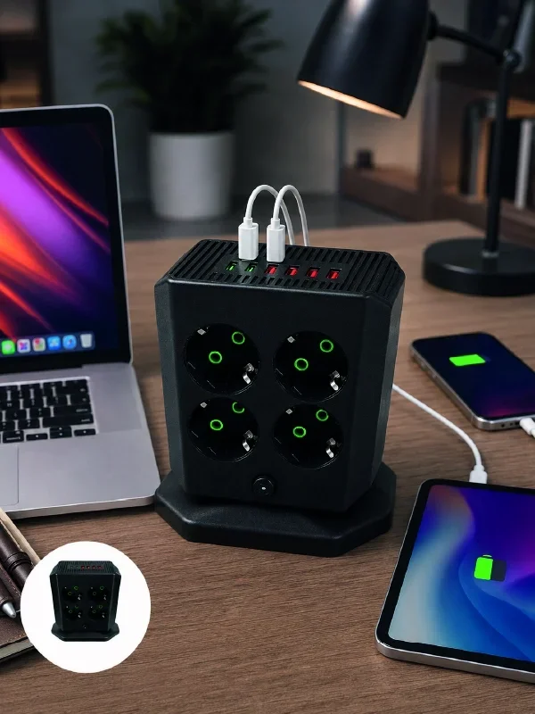Modern Tasarımlı 8'li Dikey Priz 4 Usb 2 Type-c Hızlı Şarj