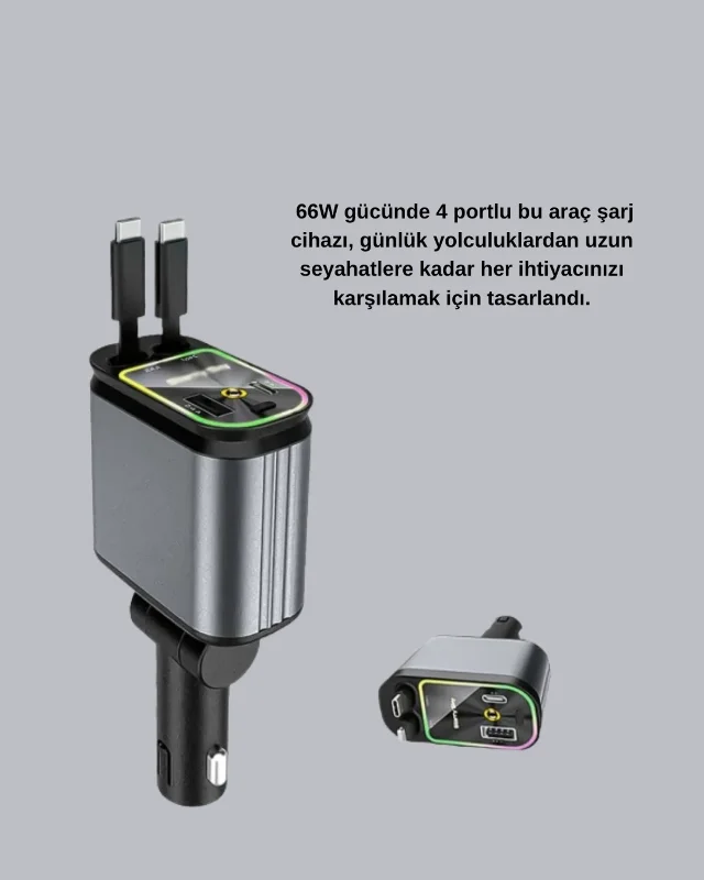Hızlı Şarjlı 4 Portlu Araç Şarj Cihazı 66w Led Işıklı
