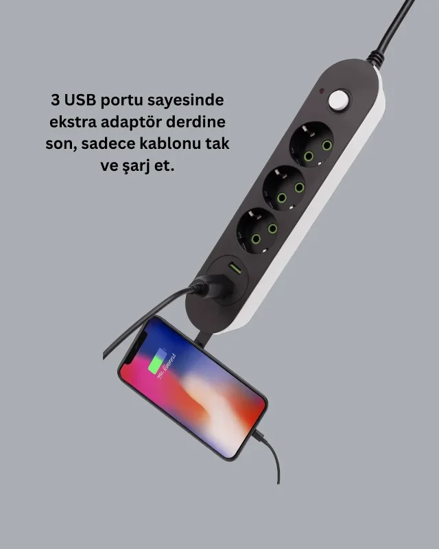Kablolu Üçlü Priz 2 Metre 3 Usb Portlu Anahtarlı