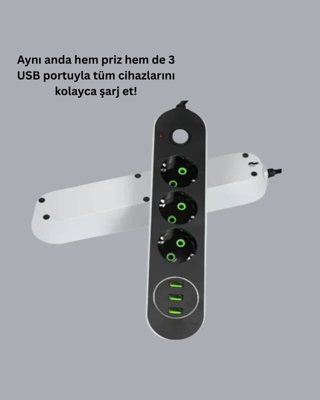 Hızlı Şarjlı Üçlü Priz 3 Usb Portu İle 2 Metre Kablosu