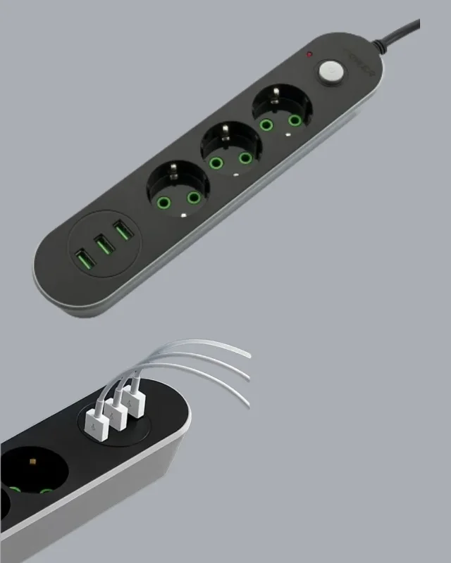 Anahtarlı Usb Yuvalı Üçlü Priz 2 Metre Kablolu