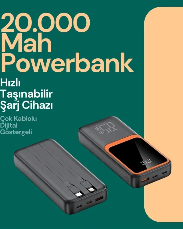 Ultra Hızlı Taşınabilir Şarj Cihazı 20000 Mah Kablo Dahil