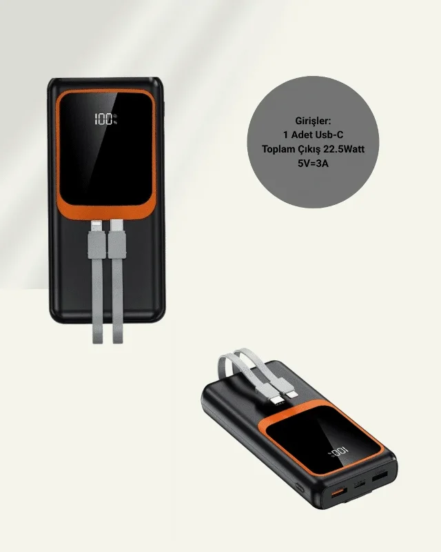 Hızlı Şarj Taşınabilir Cihaz 20000 Mah Kablo Dahil