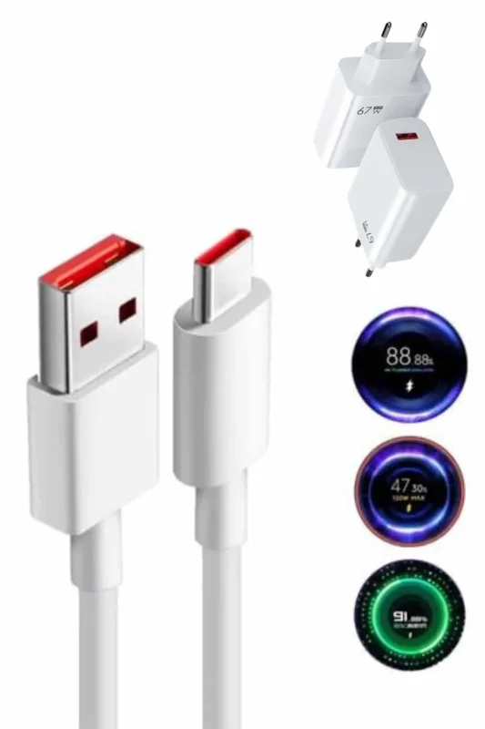 Turbo Hızlı Şarj Adaptörü Kablo Seti 67w Beyaz
