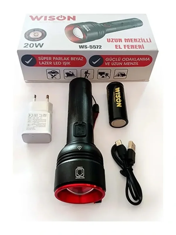 Uzun Menzilli 20w Metal El Feneri - Şarjlı Kullanım