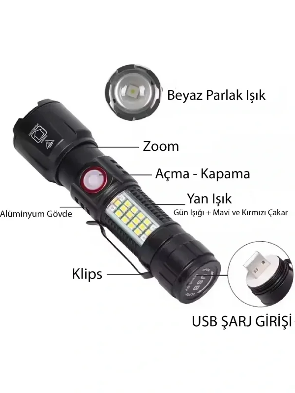 Ultra Usb Şarjlı El Feneri 1000 Lümen Kırmızı Mavi Çakar
