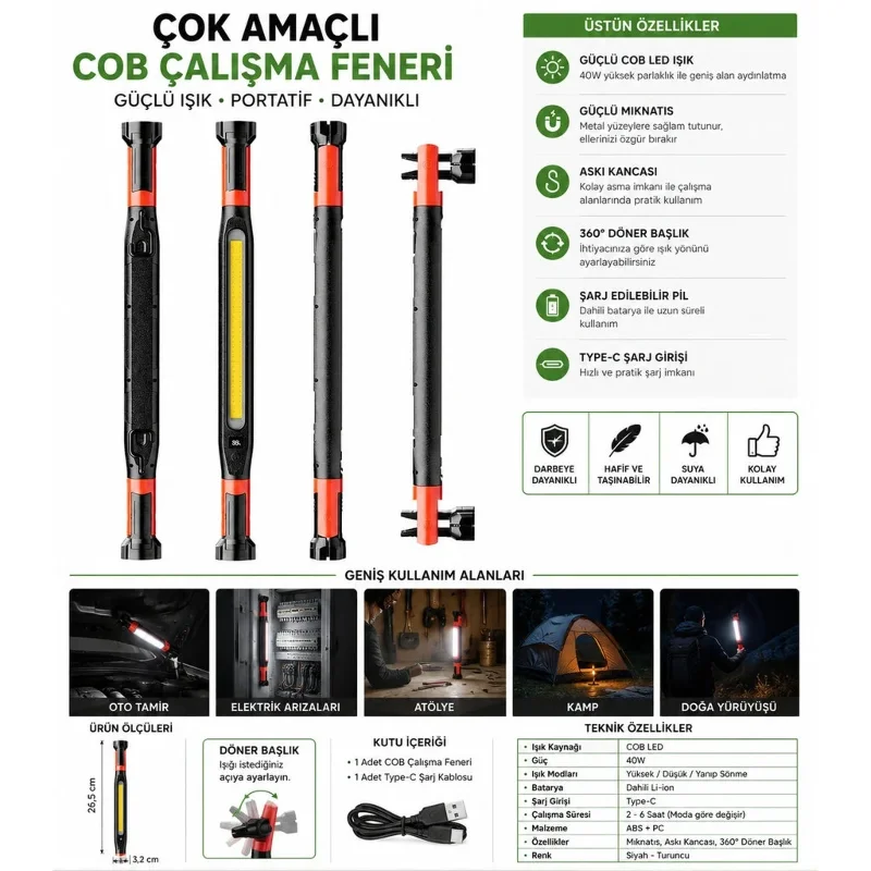Çok Yönlü 40w Cob Led Şarjlı Çalışma Lambası Mıknatıslı Askılı