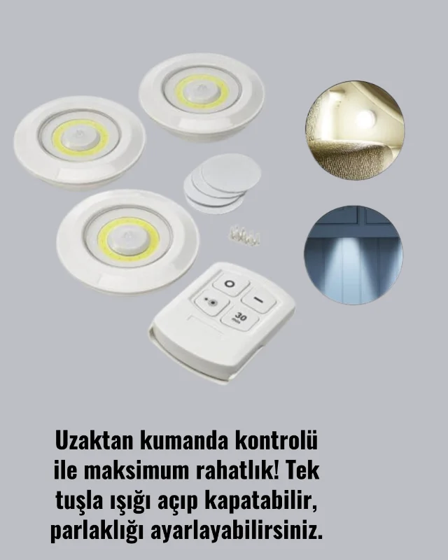 Uzaktan Kumanda İle Kontrol Edilebilen Yapışkanlı 3 Lü Kablosuz Led Spot Lamba – 3. görsel
