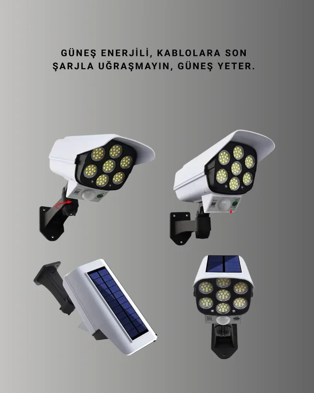 Güneş Enerjili LED Lamba + Güvenlik Kamerası Görünümlü– 5-8 m Hareket Algılamalı, Beyaz Işık – 3. görsel
