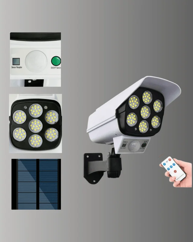 Güneş Enerjili LED Lamba + Güvenlik Kamerası Görünümlü– 5-8 m Hareket Algılamalı, Beyaz Işık – 2. görsel