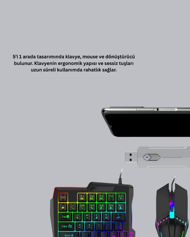 5’i 1 Arada Mobil Oyun Seti Bluetooth 5.3 Klavye Mouse Dönüştürücü Gaming Kit