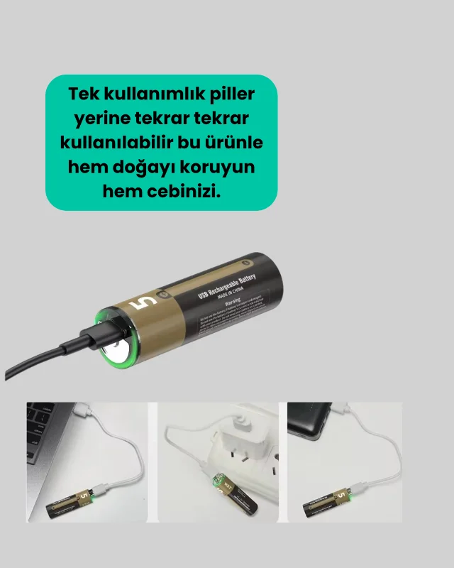 USB Type-C Girişli Şarjlı AA Lityum Pil | 1.5V Sabit Çıkış | 2800mWh (2'li Paket) – 2. görsel