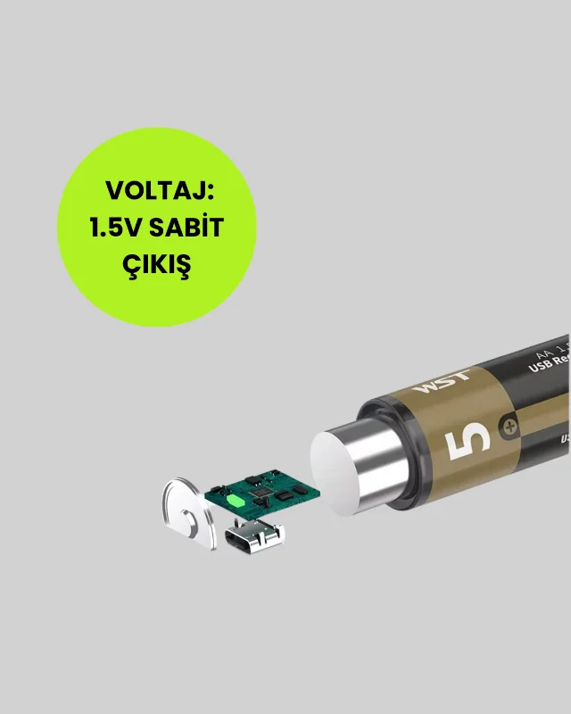 USB Type-C Girişli Şarjlı AA Lityum Pil | 1.5V Sabit Çıkış | 2800mWh (2'li Paket) – 3. görsel