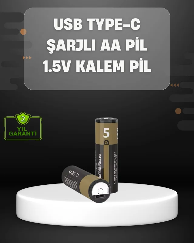 USB Type-C Girişli Şarjlı AA Lityum Pil | 1.5V Sabit Çıkış | 2800mWh (2'li Paket)