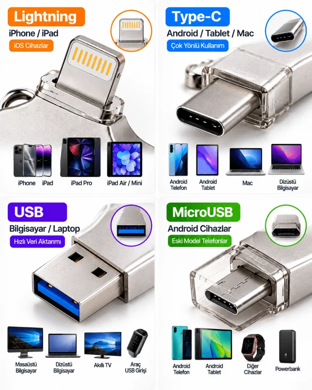 Çoklu Cihaz Uyumlu 128GB 4in1 USB Flash Bellek Lightning Type-C USB-A MicroUSB